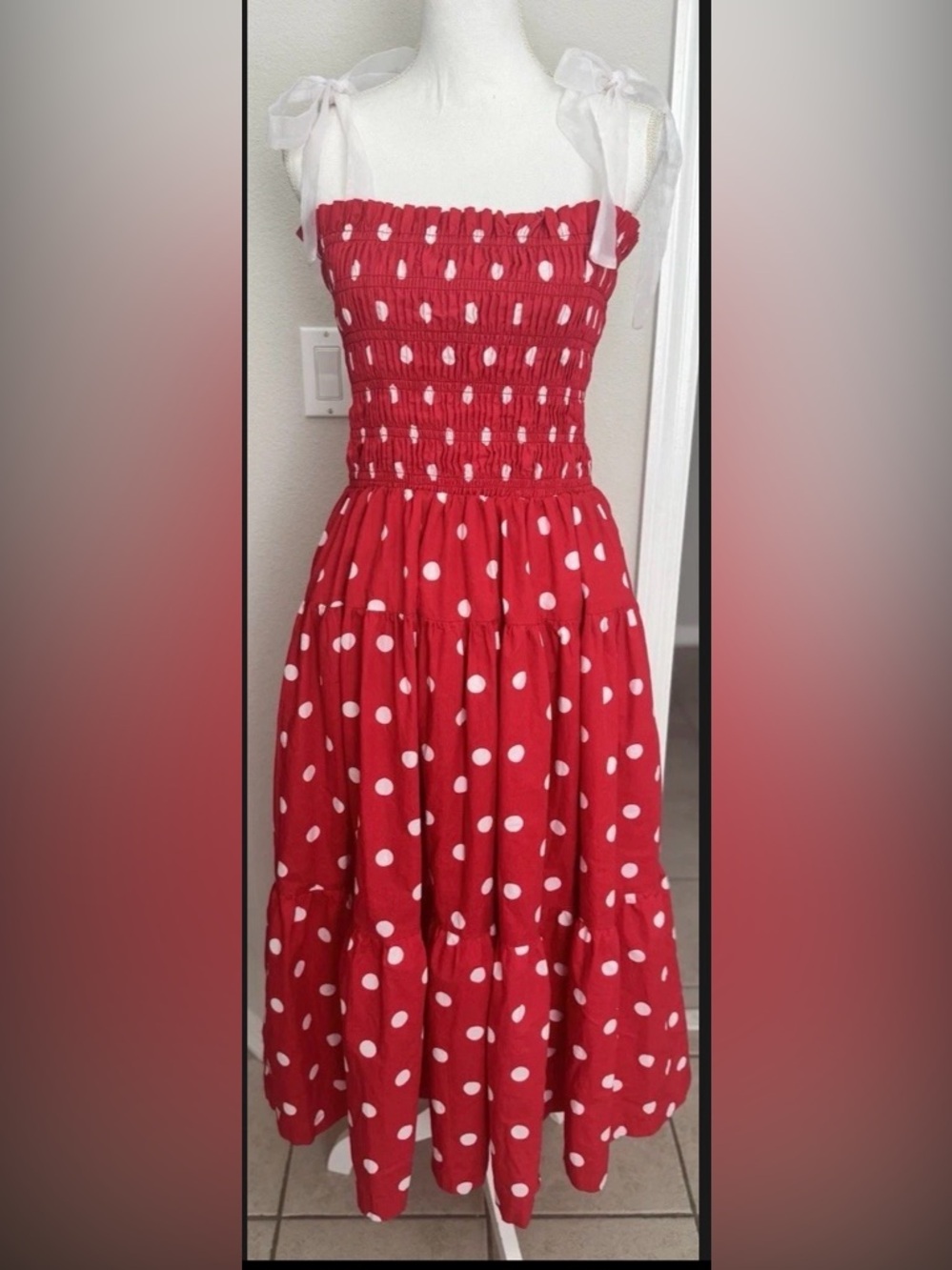 En Saison Red Polka Dot Tie-Strap Smocked Sundress